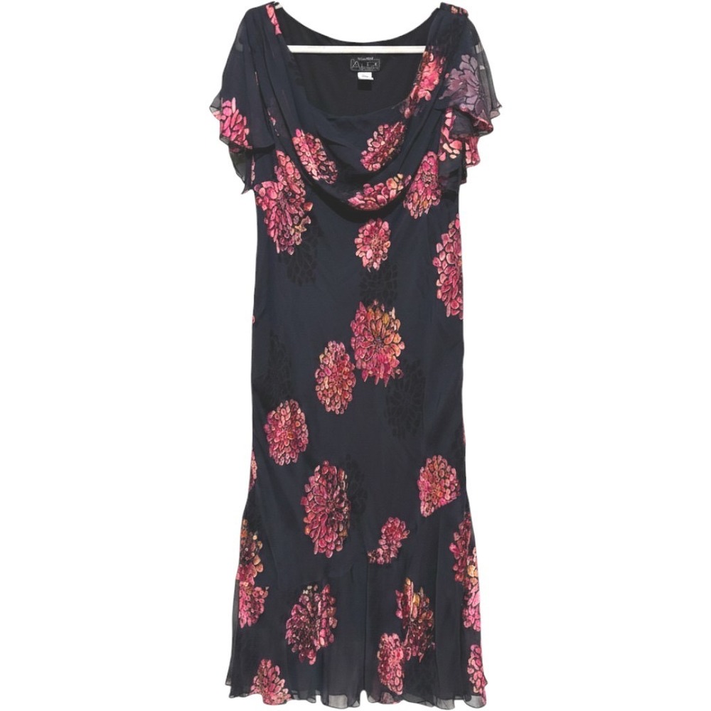 Alex Evenings 16W Floral Burnout Sequin Flutter Midi Dress Navy whimsical fairy